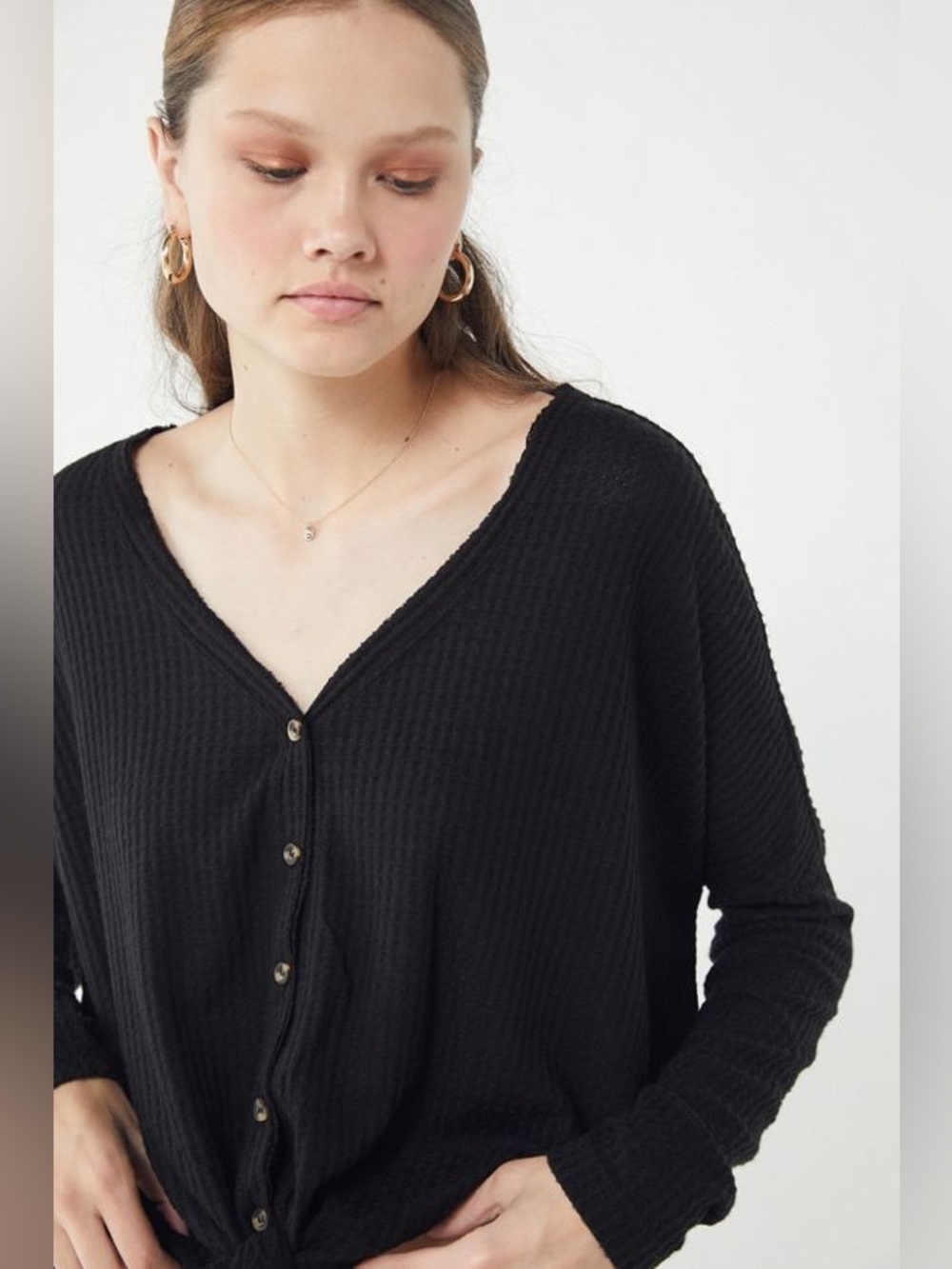 Out From Under Button‑Front Waffle Top – Black, Size XS